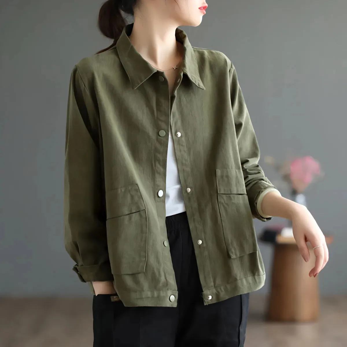 

Cotton Short Jacket Women's Casual Windbreaker 2023 Spring Autumn New Korean Loose Simple Outwear Female Solid Color Coat 4XL