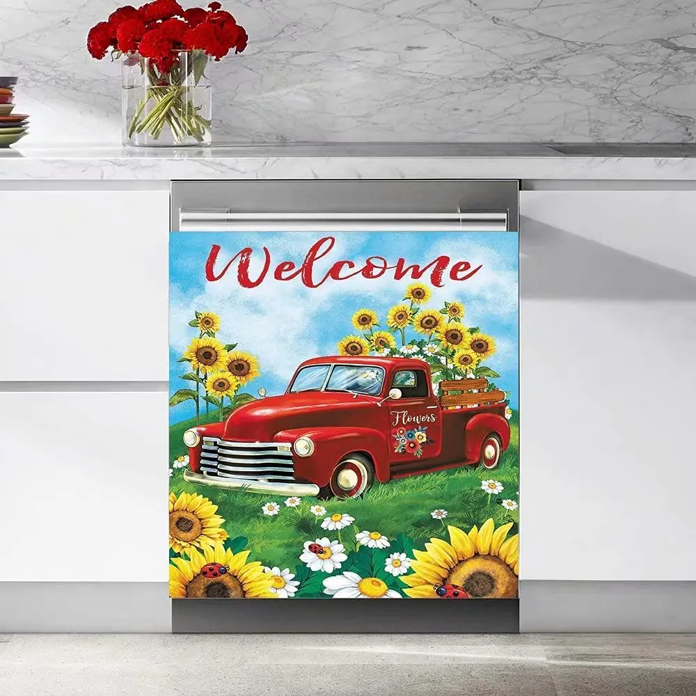 

Welcome to My Home Kitchen Dishwasher Cover Magnetic Sticker,Red Truck Sunflower Floral Decal Sticker Decor,Kitchen Refrigerator