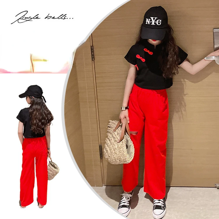 

Girls' retro button T-shirt suit 2022 summer new style wide-leg pants children's slimming two