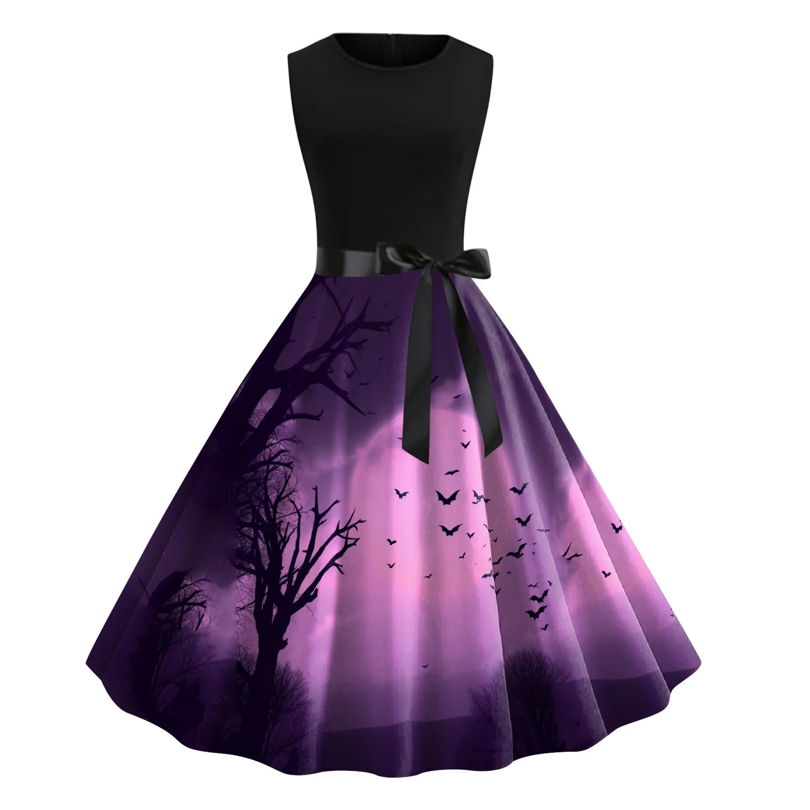 

Женское винтажное платье-качели без рукавов с круглым вырезом и принтом, коктейльное платье для выпускного вечера, джинсовое Платье До Колена Для Хэллоуина