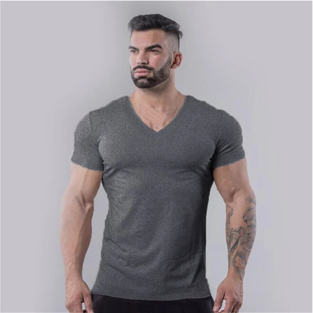 

Brand Summer Cotton T-shirt Men V-neck Fashion Design Slim Fit Soild Sports T-shirts Male Tops Tees Short Sleeve T Shirt For Men