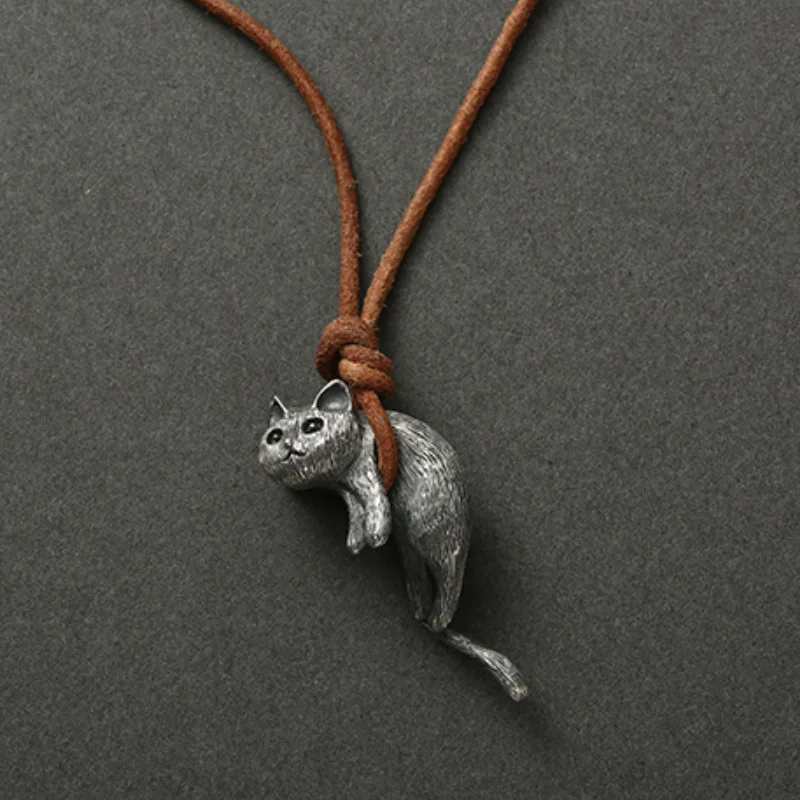 

Vintage Silver Color Cat Pendant Necklace Leather Rope Chain Necklace for Men Women Necklace Retro Jewelry Party Gift