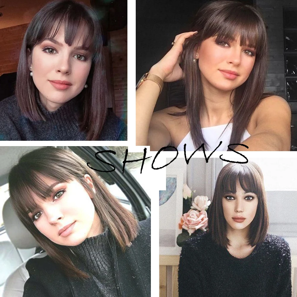 HAIRCUBE Chestnut Brown Bob Human Hair Wig with Bang Shoulder Length Full Machine Made Remy Straight Human Hair Wigs for Women