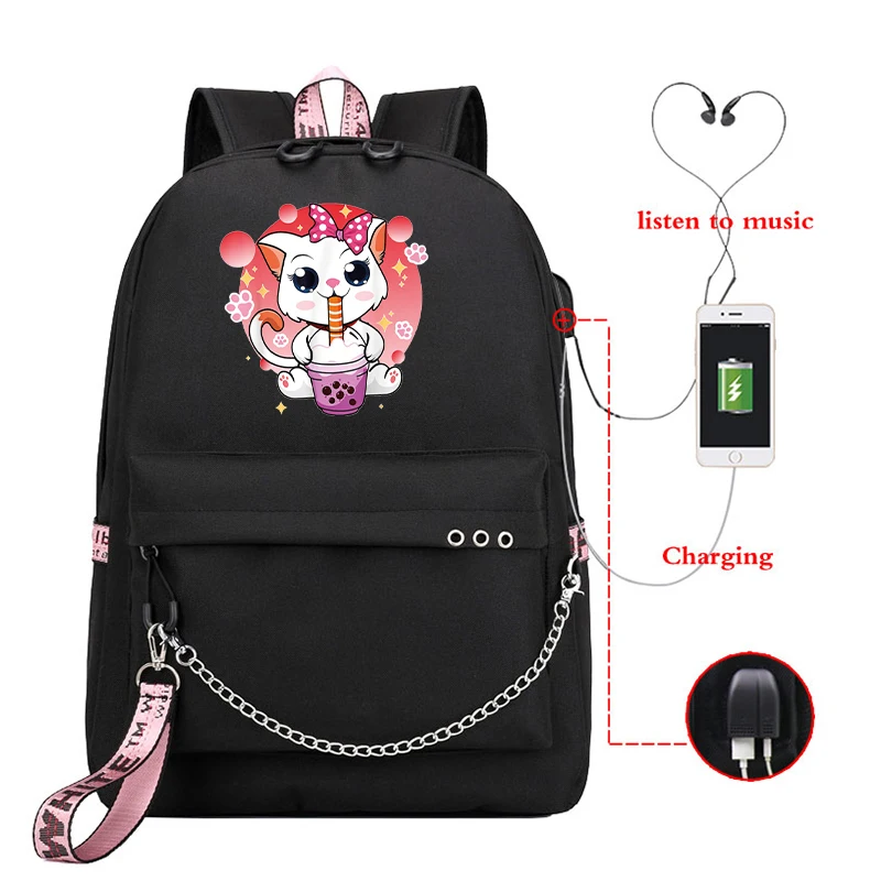 Cat Boba Tea Bubble Tea Print Girls School Bag Travel Laptop