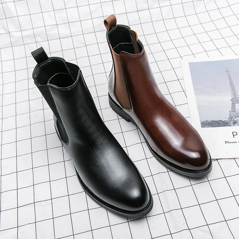 

Brown Men Chelsea Boots Dress Shoes Business Men Short Boots Slip-On Round Toe Black Boots for Men Botas De Trabajo Hombre