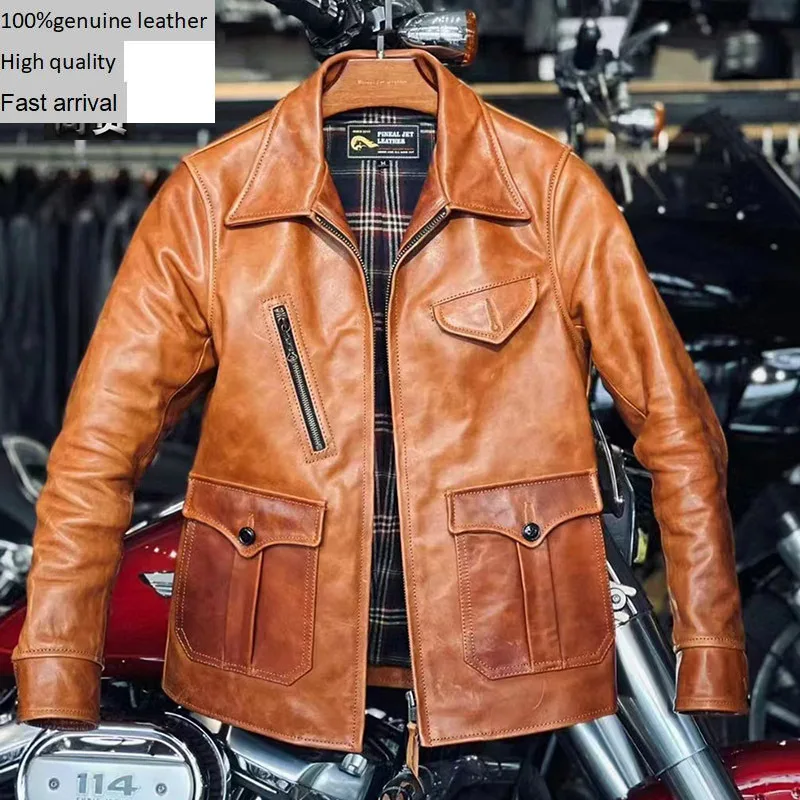 

Куртка в британском стиле из 100% натуральной кожи для мужчин Amikaki, повседневная мотоциклетная Апельсиновая Подкова растительного дубления, класс А