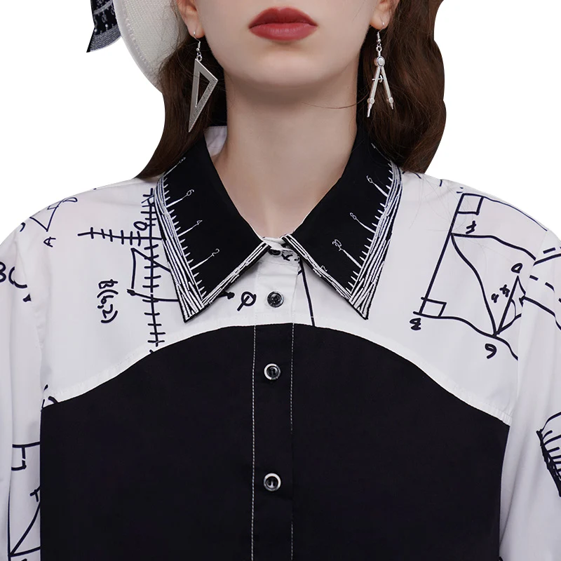 2023 Summer Women Color Block Irregular Geometric Figures Illustration Short Sleeve Shirt