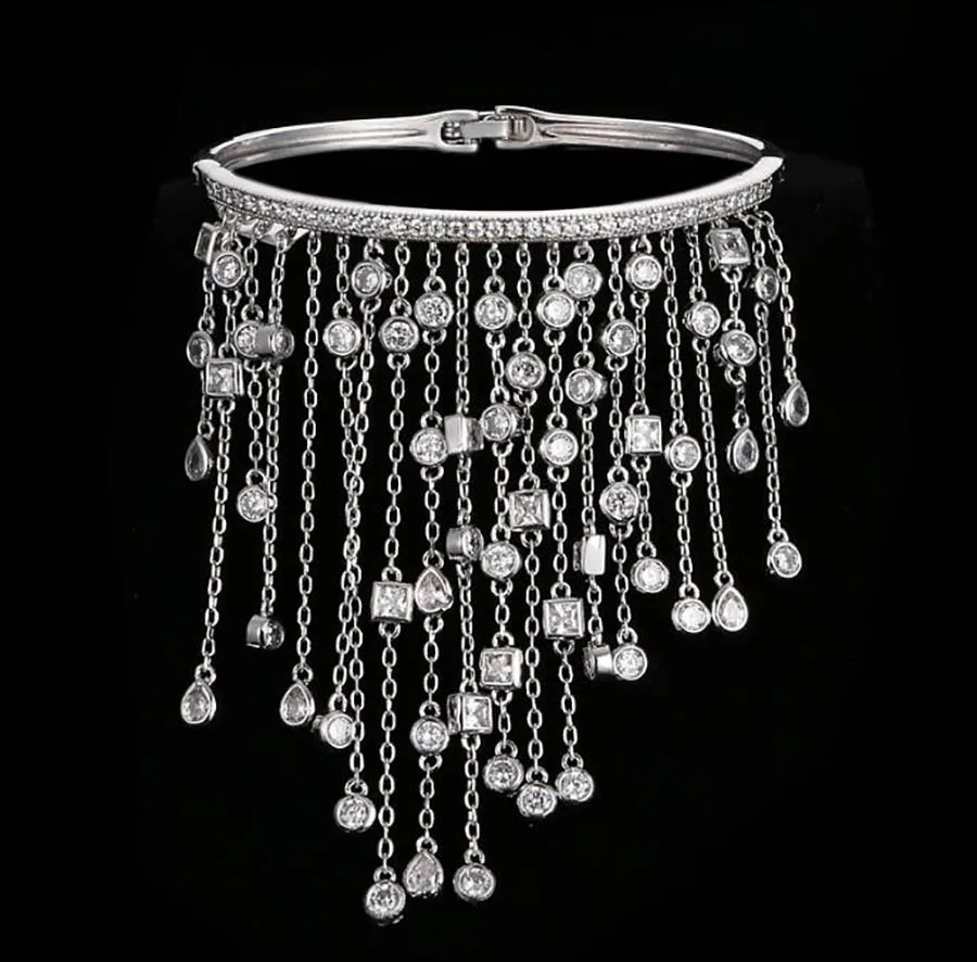 

European fashion new exaggerated geometric tassel zircon bracelet for women party queen luxurious dinner jewelry