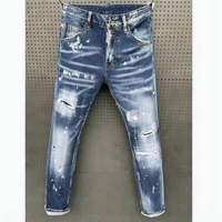 new dsquared2 mens skinny jeans with ripped holes and elastic paint spray blue stitching beggar pants 068