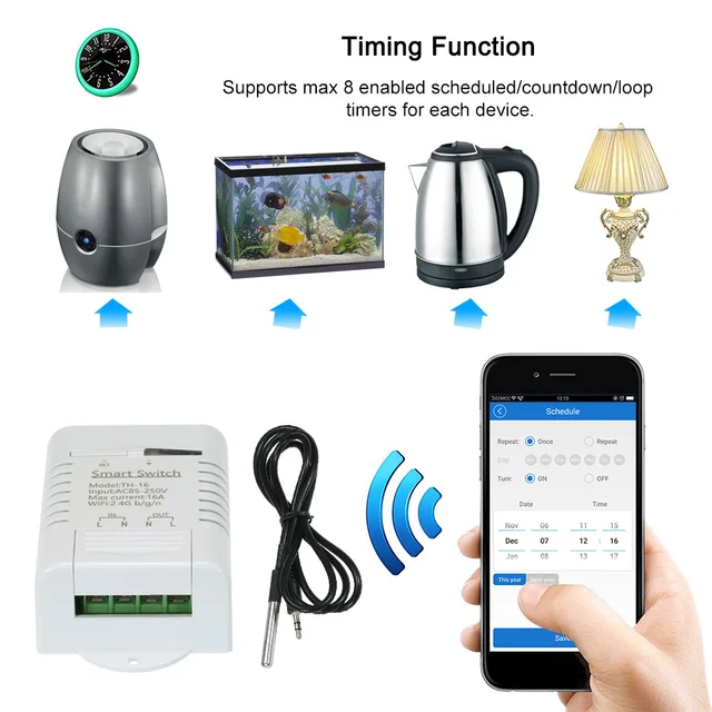 eWelinkAPP TH-16 Smart Wifi Switch 16A/3000W Monitoring Temperature Sensor RF433 remote Control Compatible with Alexa Siri 4