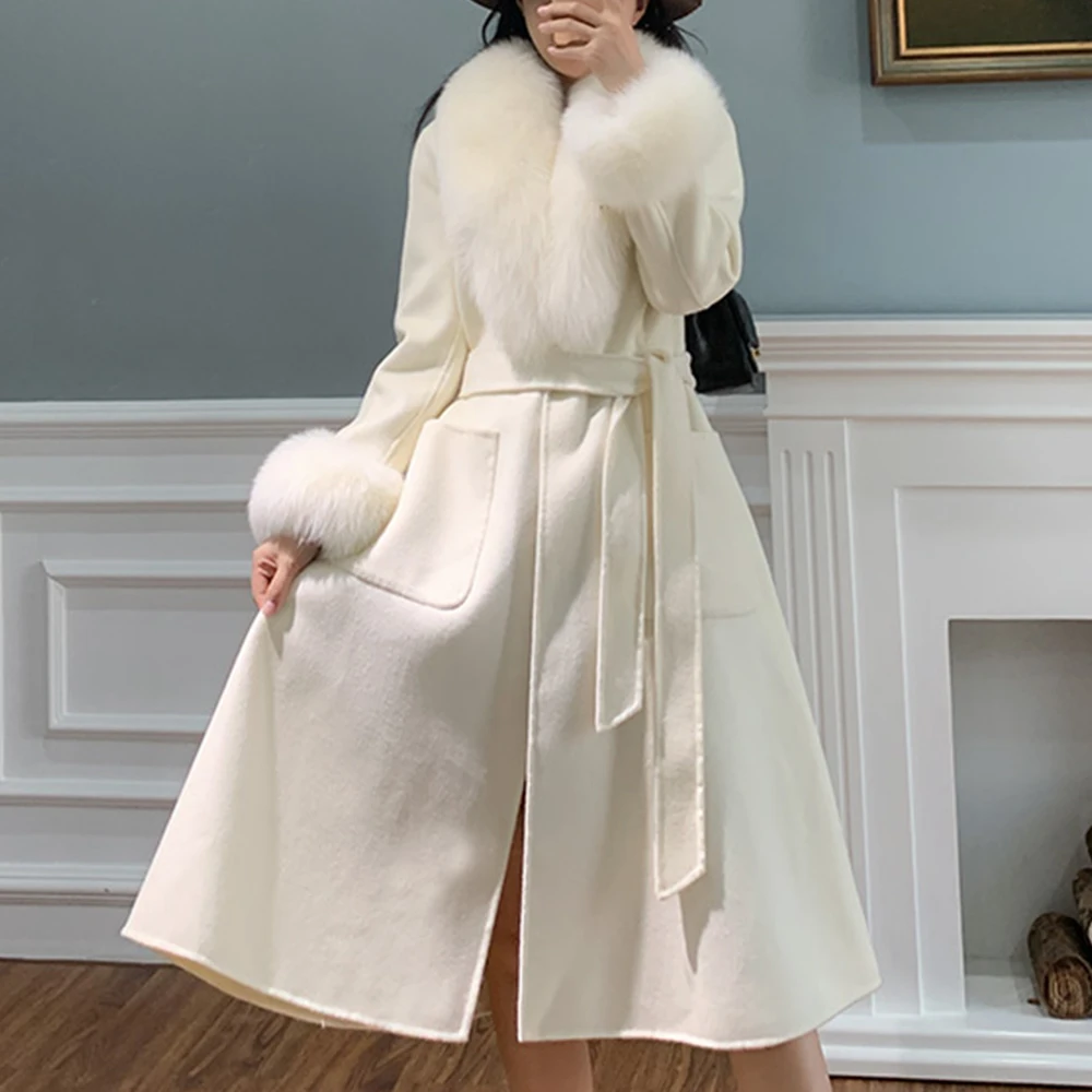 FURYOUME Luxury Real Fur Coat Winter Women Cashmere Wool Jacket Long Natural Fox Fur Collar Detachable Fashion Ladies Outerwear