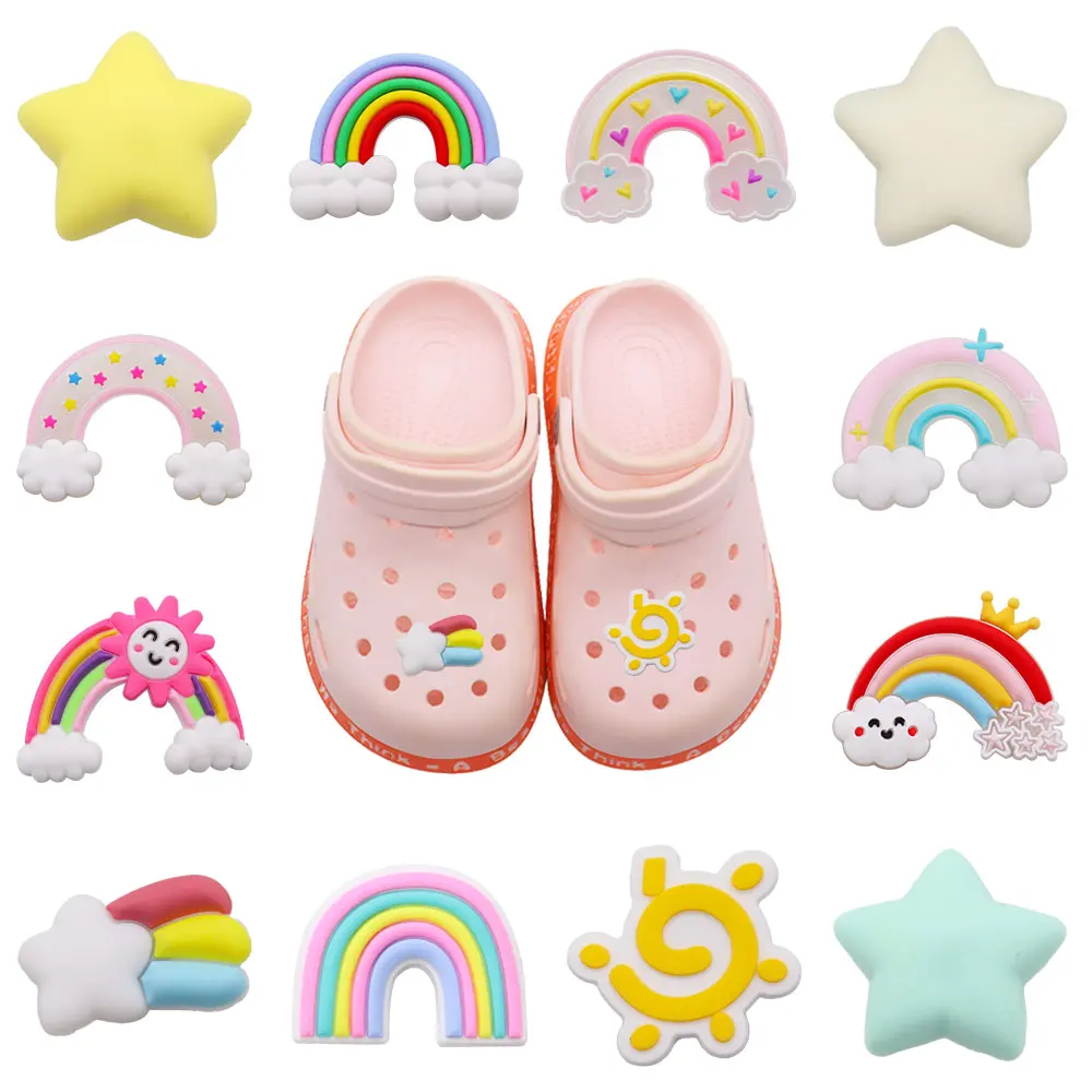 

Лидер продаж, 1-12 шт., подвески для обуви из ПВХ, красочные звезды, солнце, радуга, облака, аксессуары, сандалии, украшение для Croc Jibz, подарок на Рождество для детей