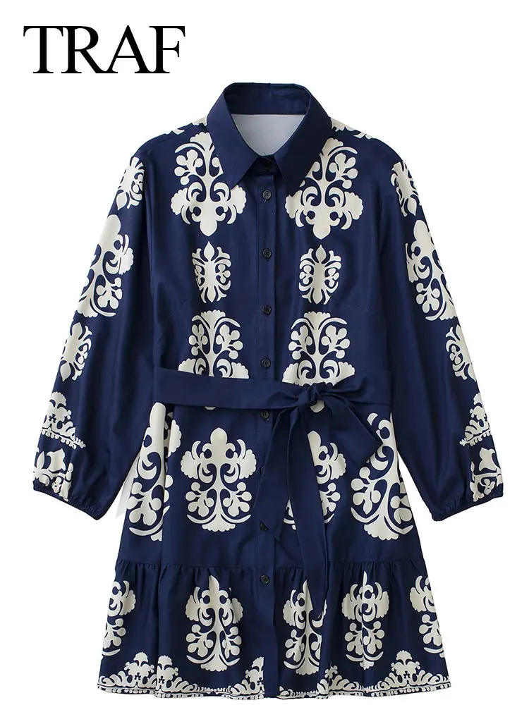 

TRAF New Elegant Dark Shirt Collar Long Sleeve Ladies Dress Print Casual Comfort Home Everyday Skin Friendly Women's Dress
