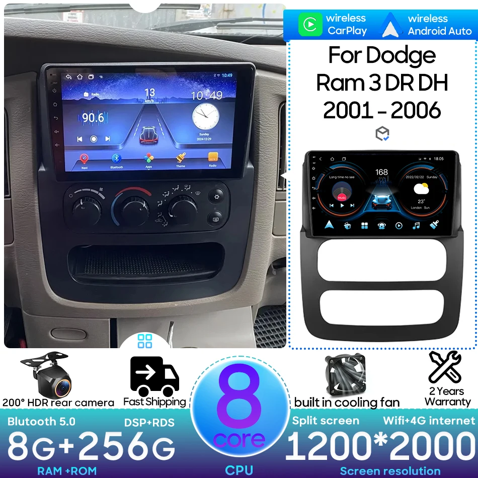 Фото Автомобильный мультимедийный плеер Android 15, 2DIN, GPS-навигация, беспроводной CarPlay, радио-видео головное устройство для Dodge Ram 3DR DH 2001-2006 №1