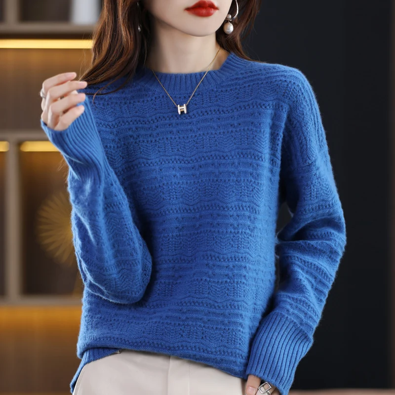 Pure Wool Autumn Winter New Round Neck Long Sleeve Hollow-Out Pullover Sweater Base Loose Knitted Cashmere Sweater Women