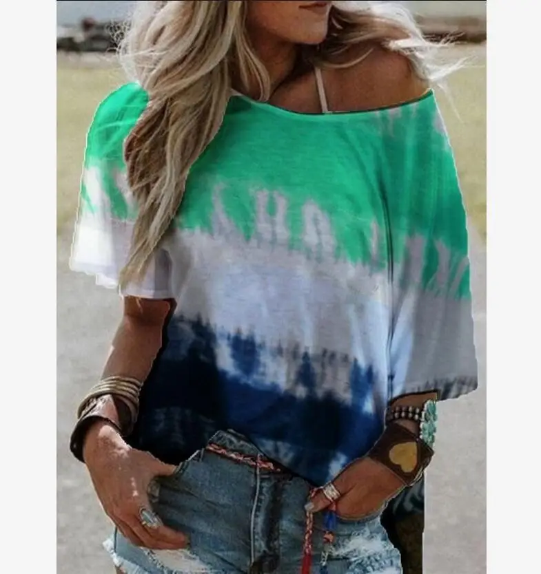 

T-Shirt All-Season Polyester All Seasons Tie Dye Dolman Sleeve Pullover Sporty Women Slash neck Asymmetrical Short Sleeve