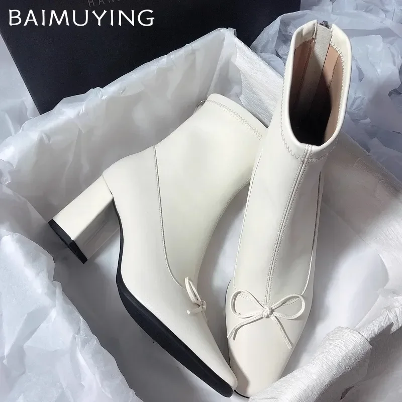 Женские ботильоны на высоком каблуке с бантом элегантная кожаная обувь