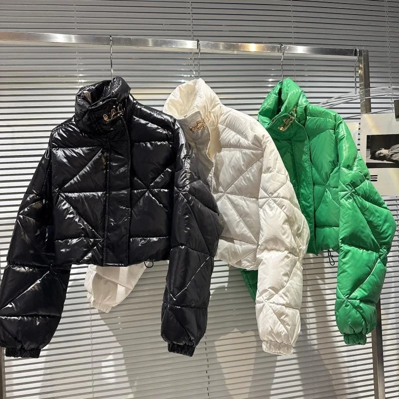 2022 Winter New Collection Metal Buckle Stand Collar Bright Plaid Warm Jacket Women White Duck Down Coat