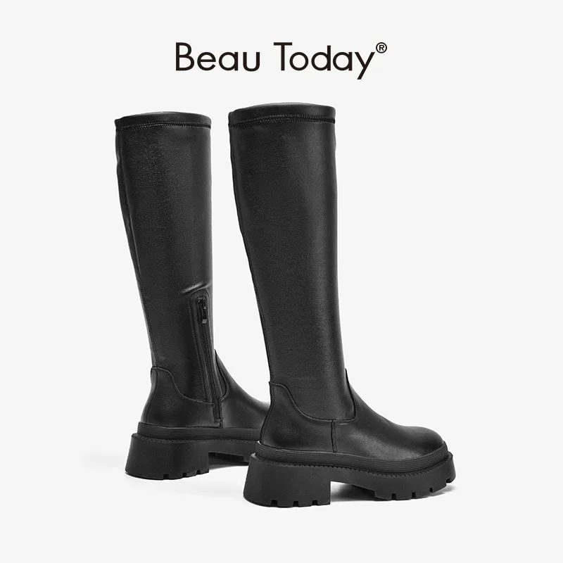 

Platform Long Boots Women PU Cow Leather Patchwork Round Toe Side Zip Chunky Heel Winter Ladies Shoes Handmade 01536