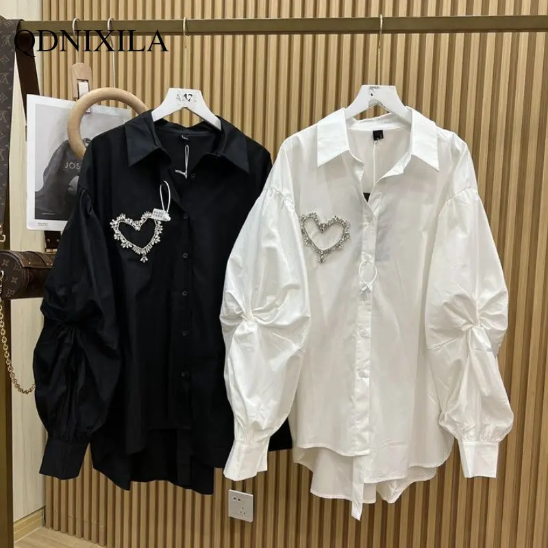 

Shirts and Blouses 2023 Spring New Korean Version Heavy Industry Nail Beads Love Puff Sleeves French Long-sleeved Women's Shirt
