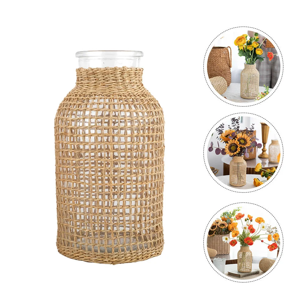 

Vase Glass Flower Vases Decorative Rattan Planter Wedding Table Hydroponic Floral Decoration Woven Desktop Clear Farmhouse Decor