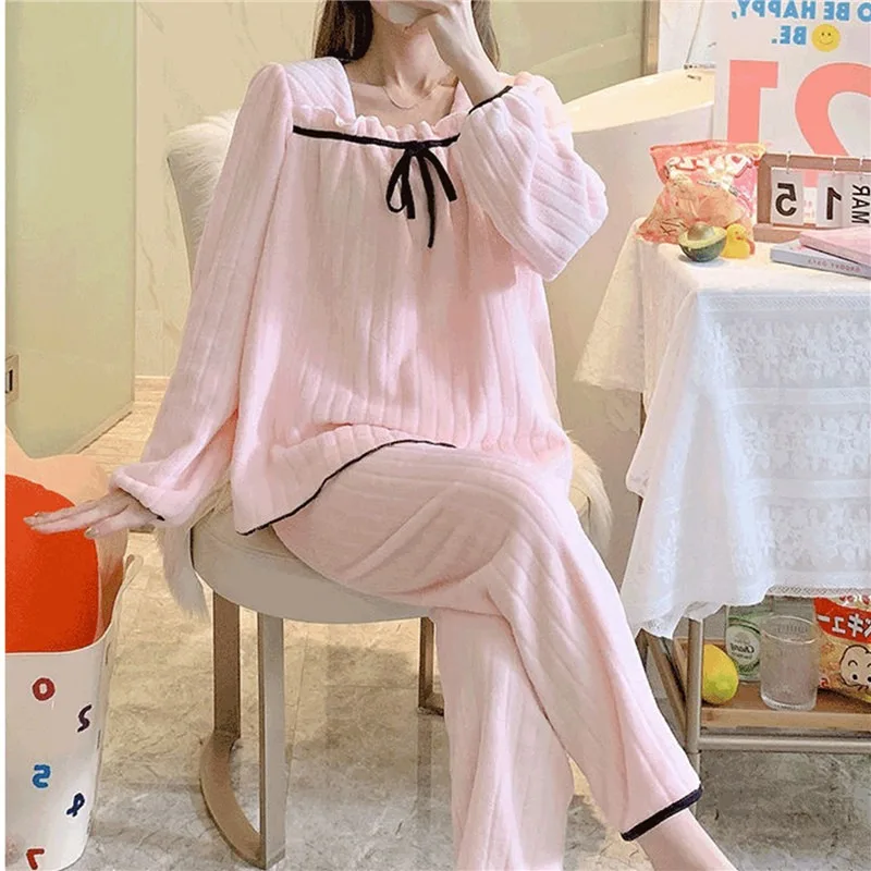 1 2023 Pajamas Set Sexy Sleepwear For Women Pink Thick Warm Pyjama Women's Flannel Winter  Fashion Homewear Clothes Big Size