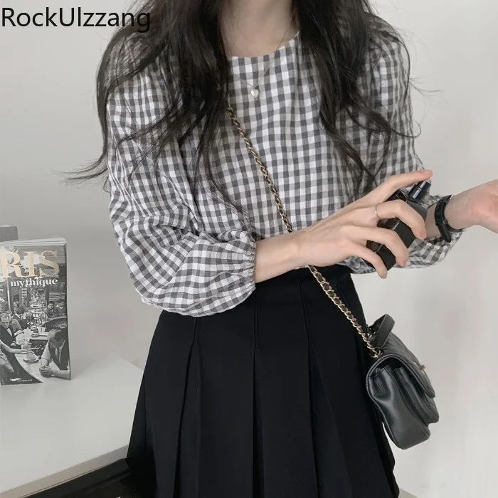 

Женская свободная рубашка в клетку, Повседневная Блузка с круглым вырезом и длинным рукавом, в винтажном стиле, в Корейском стиле, на осень и весну