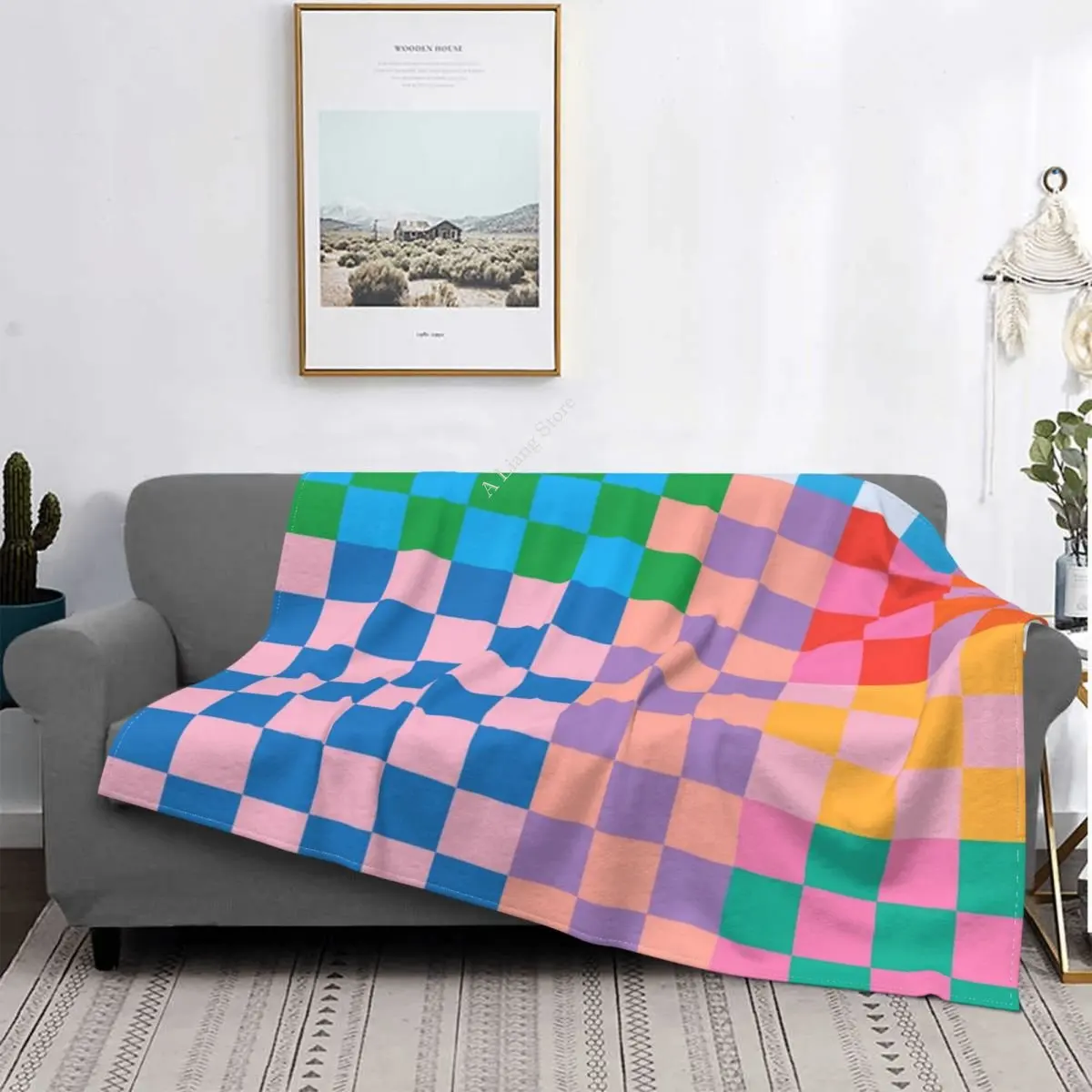 

Checkerboard Collage Blanket Flannel Autumn Pink and Black Breathable Soft Throw Blankets for Sofa Outdoor Plush Thin Quilt