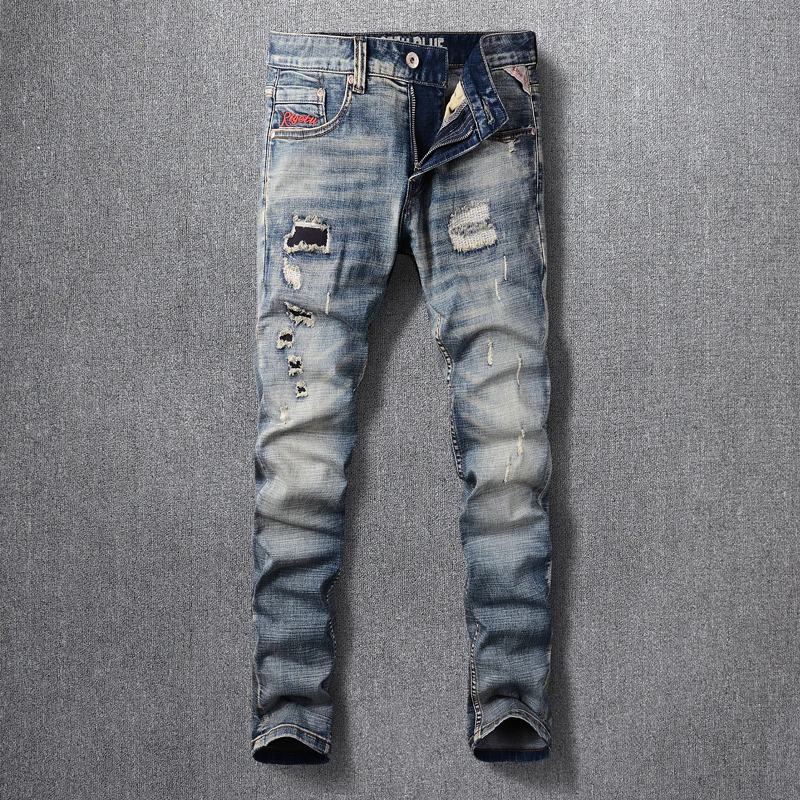 Fashion Designer Men Jeans High Quality Retro Blue Elastic Slim Fit Ripped Jeans Men Hole Patched Vintage Denim Pants Hombre