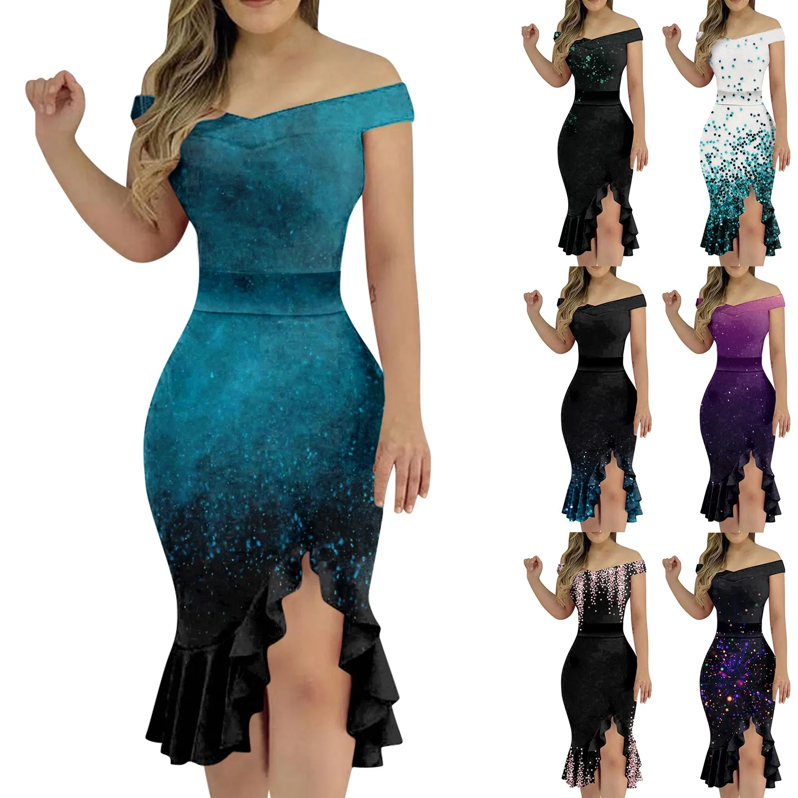 

Women Sexy One Shoulder Bodycon Dress Side Split Skirt Flower Print Irregular Hem Dress Casual Beach Club Party Sling Dress