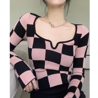 ledp 2022 korean slim skinny cropped knitted t shirt women clothing pink plaid square collar ladies tops long sleeve