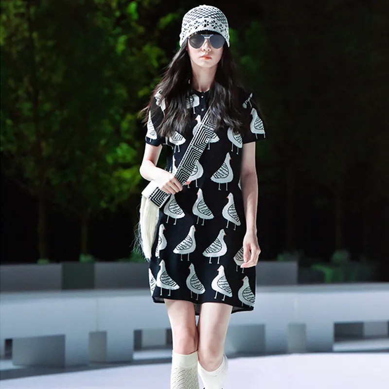 

Женское трикотажное платье с коротким рукавом, элегантное праздвечерние чное платье в Корейском стиле с мультяшными птицами, летнее платье...