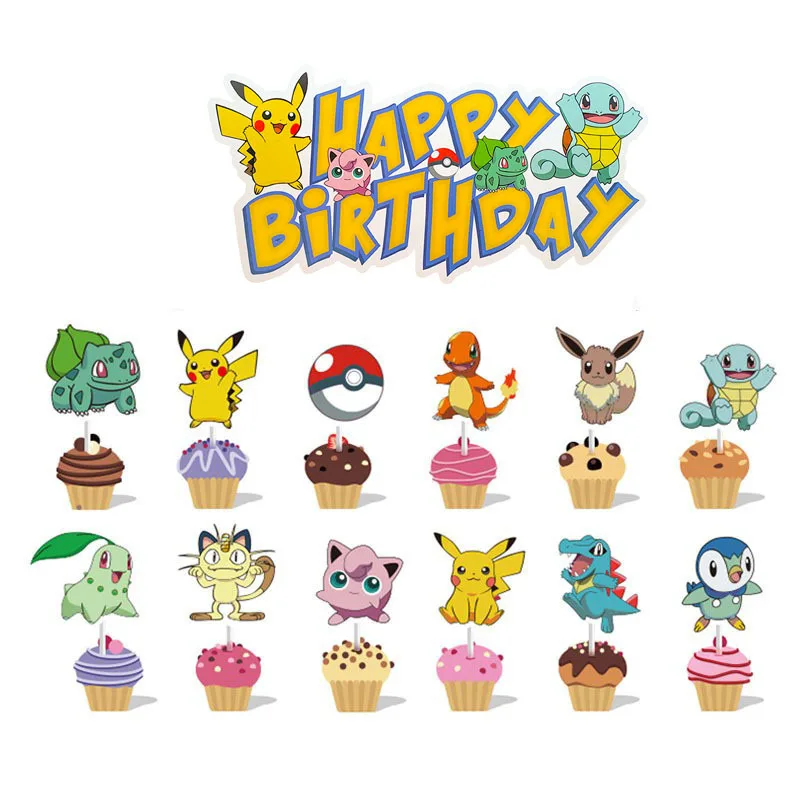 

Pokemon Party Birthday Cake Flag Big Card Elf Pikachu Jigglypuff Charmander Theme Children's Birthday Party Decoration Size Flag
