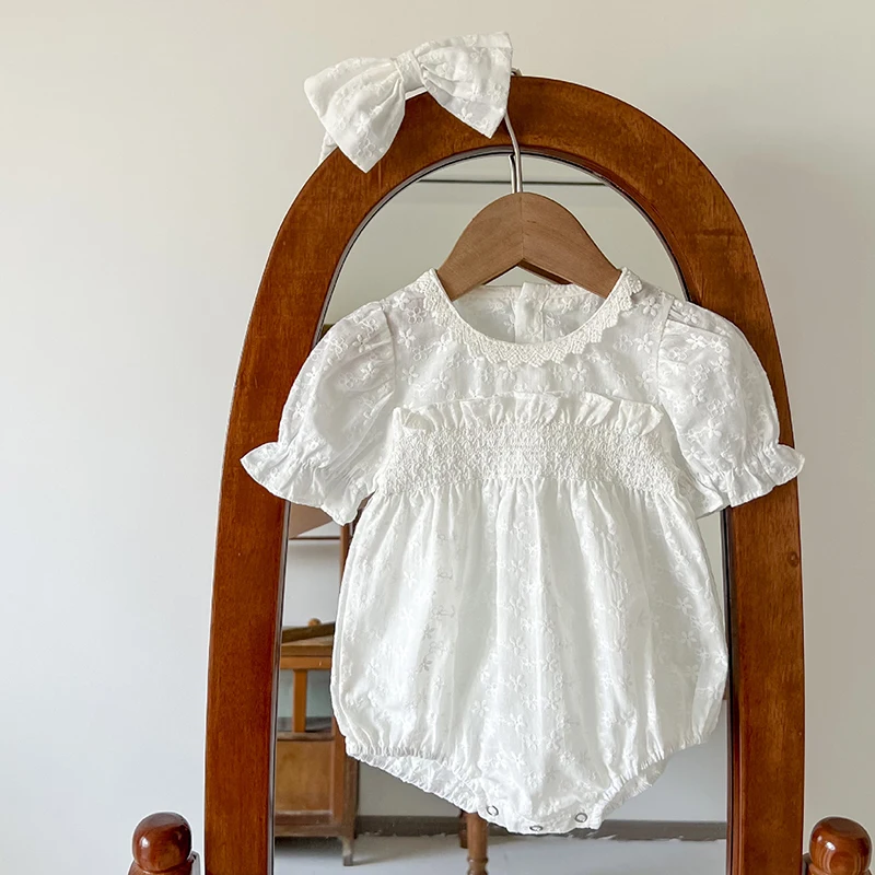 

Summer Korean Style Newborn Baby Girls Jumpsuit+Hair band Short Sleeve Cotton Solid Color Infant Girls Bodysuits Baby Clothes