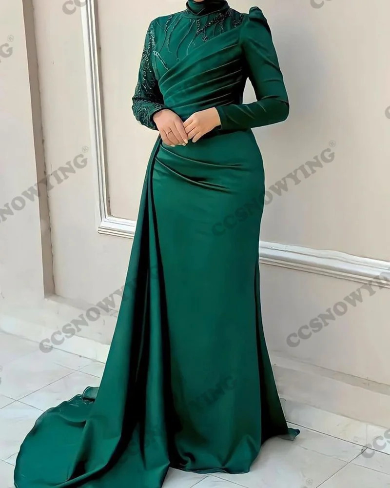 

Green Appliques Beaded Muslim Evening Dresses Long Sleeve Hijab Islamic Formal Party Gowns Arabic Dubai Women Robes De Soirée