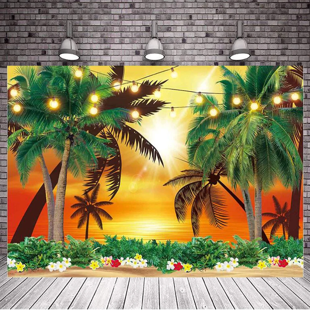 

Summer Sunset Photography Backdrop Tropical Tree Seaside Beach Scenery Background Hawaii Aloha Birthday Wedding Party Supplies