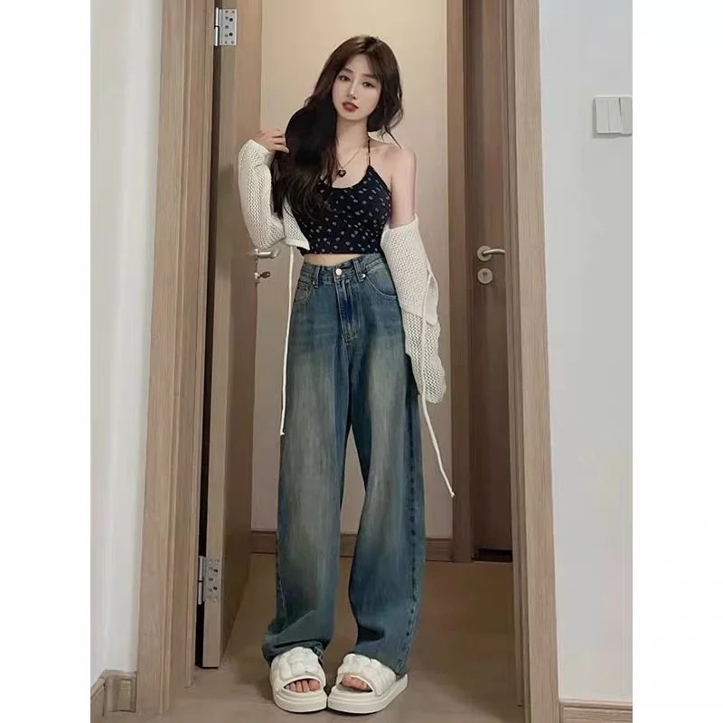 

2023 Korean-Style Retro High-Waisted Wide-Leg Jeans For Women With Vintage Wash, Loose Fit, Straight Leg And Floor-Length Design