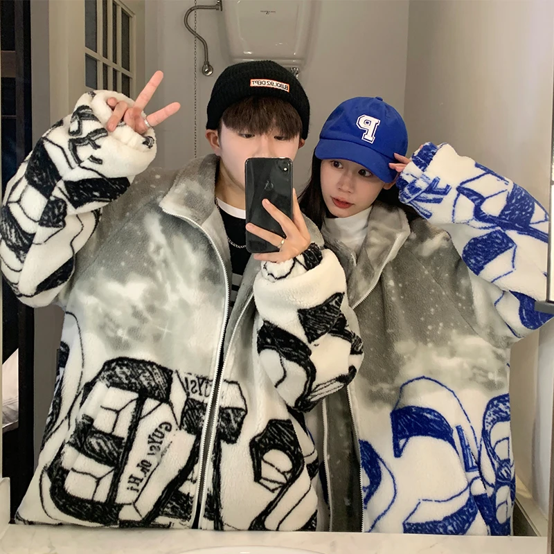 EOENKKY/Lamb Wool Coat Men's Tie Dye Unisex Soft Thicken Warm Male Jackets Fashion 2022 Winter New Brand Large Size Parkas Men