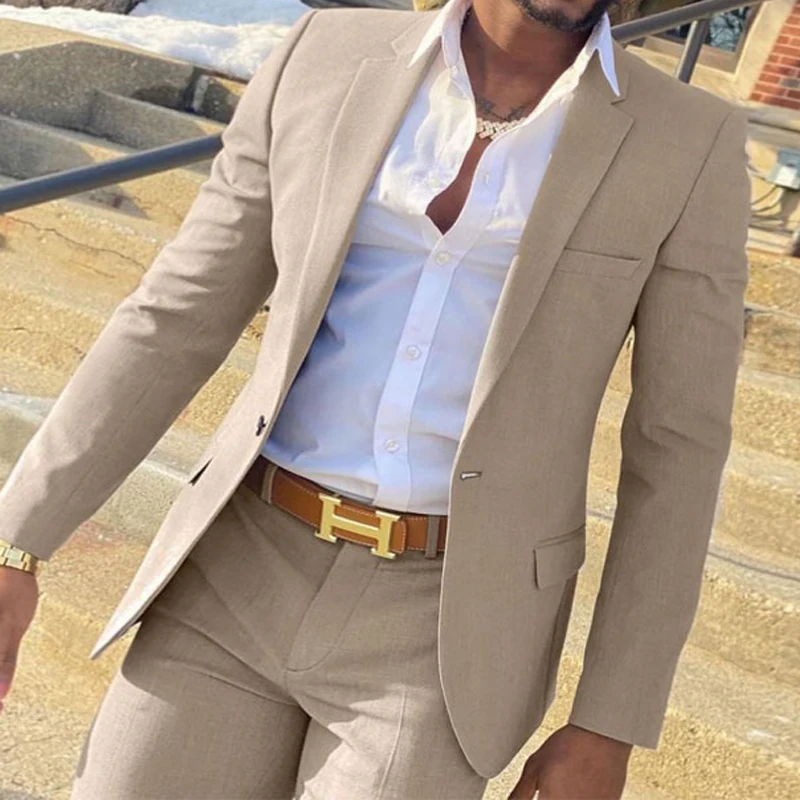 Slim Fit Gentlemen Suits for Men 2 Piece Beige Wedding Groom Tuxedo Male Fashion Smoking Costume Jacket with Pants 2022