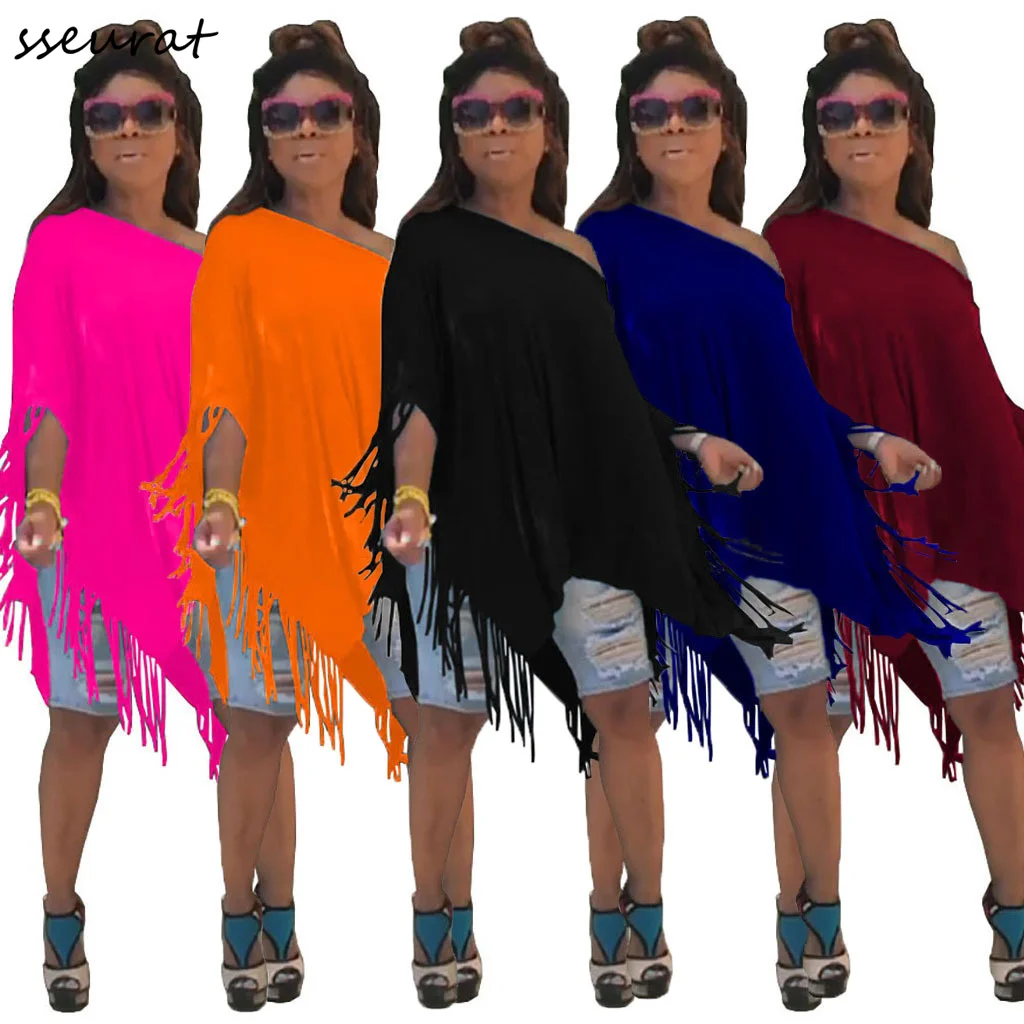 

Женская Асимметричная футболка с кисточками, элегантная свободная футболка с открытыми плечами, летний топ с рукавом-часами