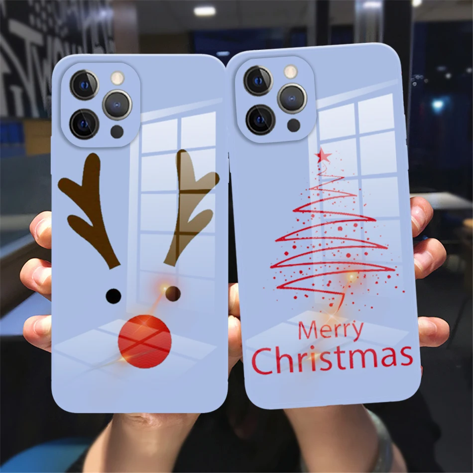 

Hot New Year Merry Christmas Glass Phone Cover For iPhone 11 12 13 14 Pro Max X XR XSMax 7 8 14 Plus Blue Tempered bumper Case