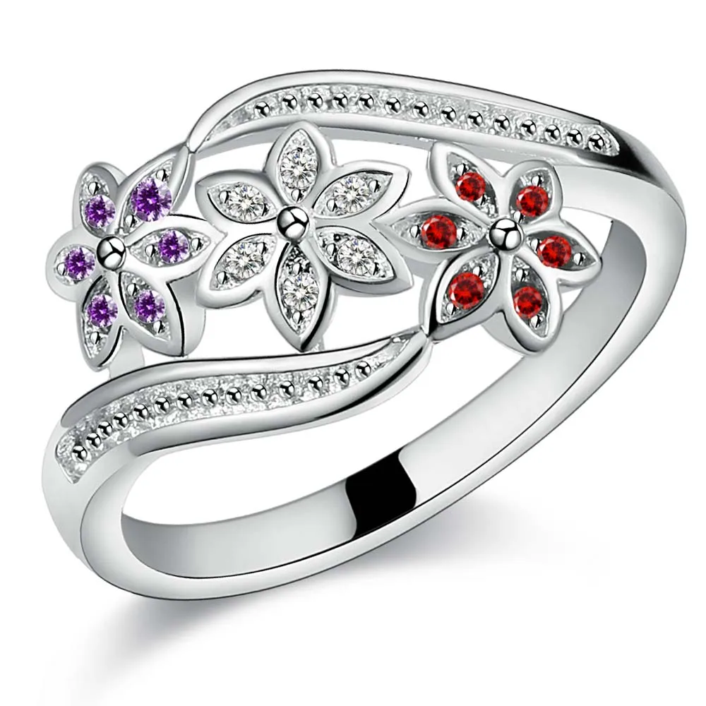 

stamped , high quality For women lady wedding inlaid stone flower ring fashion women Silver color jewelry