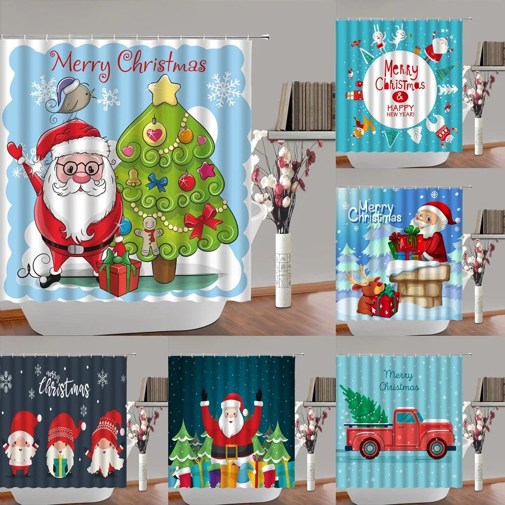 

Home Decor Christmas Tree Snowman Sleigh Winter Elk Animal Shower Curtain Santa Shower Curtain Bathroom Decor