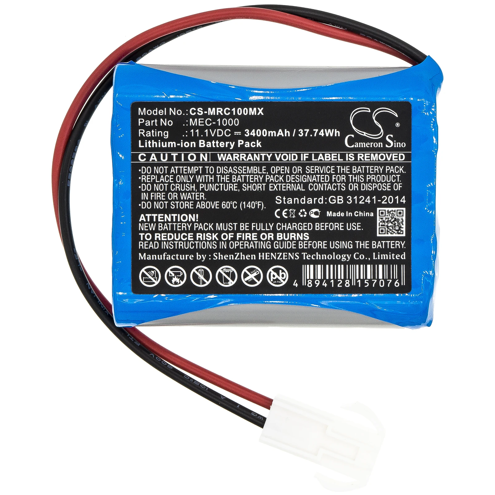 

Medical Battery For Mindray MEC-1000 Li-ion 11.10V 3400mAh / 37.74Wh Blue CameronSino Panasonic NCR18650B X 3 UL1007/20AWG