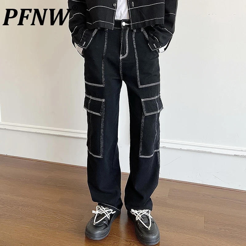 

PFNW Spring Summer Men's Japanese Vintage Denim Cargo Pants Open Line Pocket High Street Casual Straight Techwear Jeans 12A9993