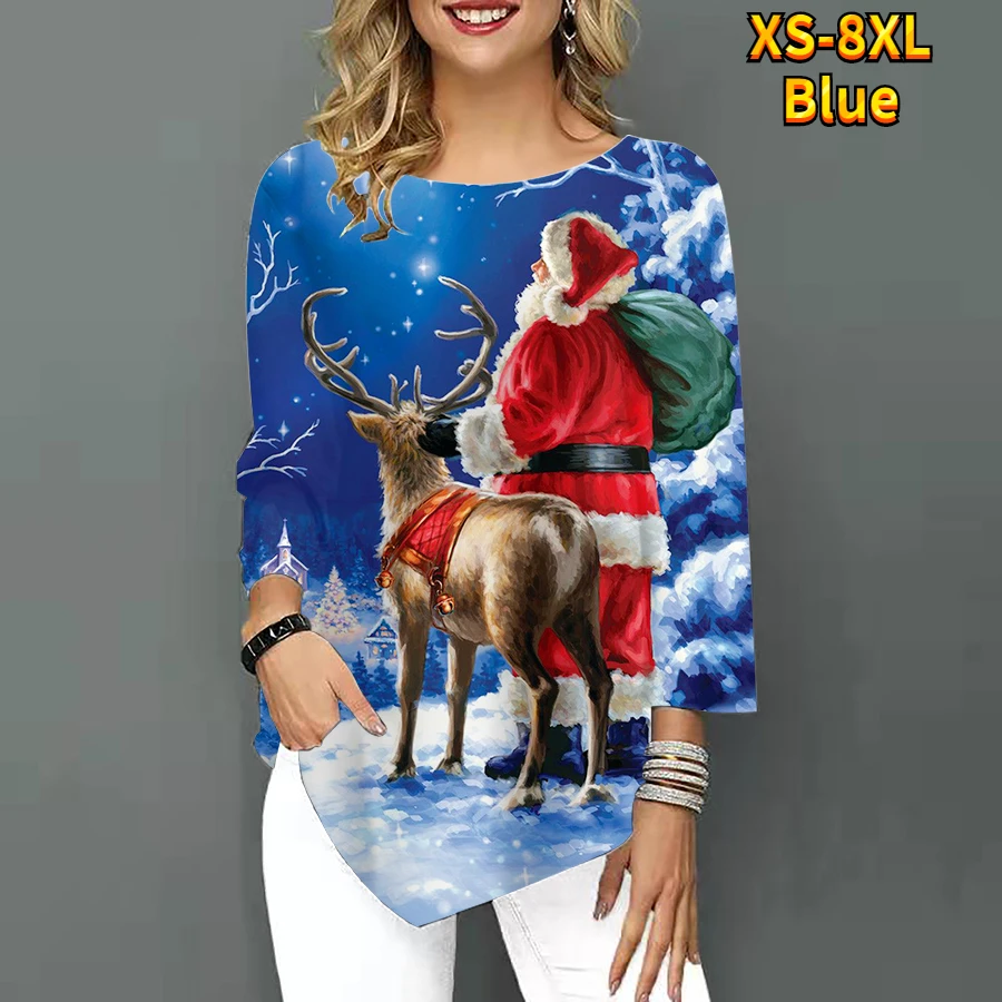 Women's T Shirt Christmas Santa Claus Reindeer Theme Sparkly Long Sleeve Round Neck Basic Shirt Top Autumn Casual XS-8XL images - 6