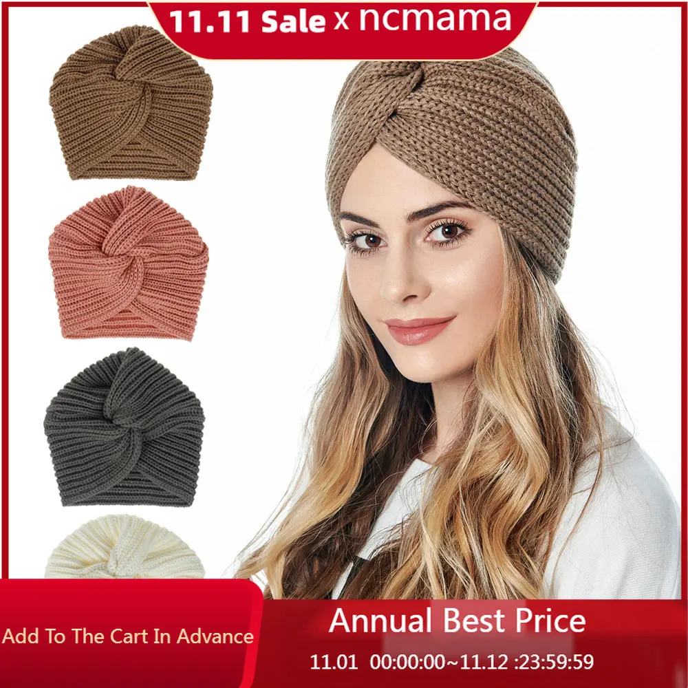 

ncmama Knitted Turban Hats Winter Warm Women Bohemia Turban Cashmere Cross Wrap Head Indian Hat Wool Knitting Bonnet Turban Cap