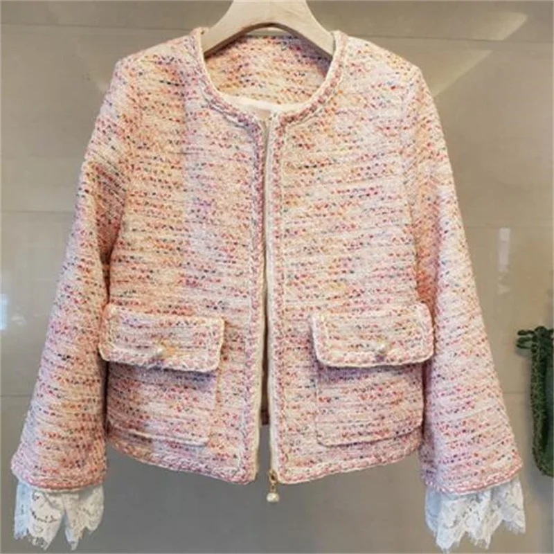 Spring jackets womens short coats autumn new lace stitching long sleeve tweed woven round collar zipper slim fit thin clothes
