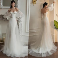 sexy puff sleeves sweetheart wedding dresses boho backless lace appliques bridal dress tulle sweep train robe de mariee