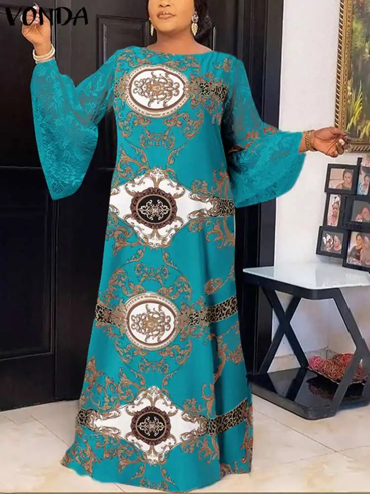 

VONDA Female Vintage Printed Robe Long Sleeve Holiday Lace Vestido Pleated Maxi Dresses Women Patchwork Party Sundress Oversized